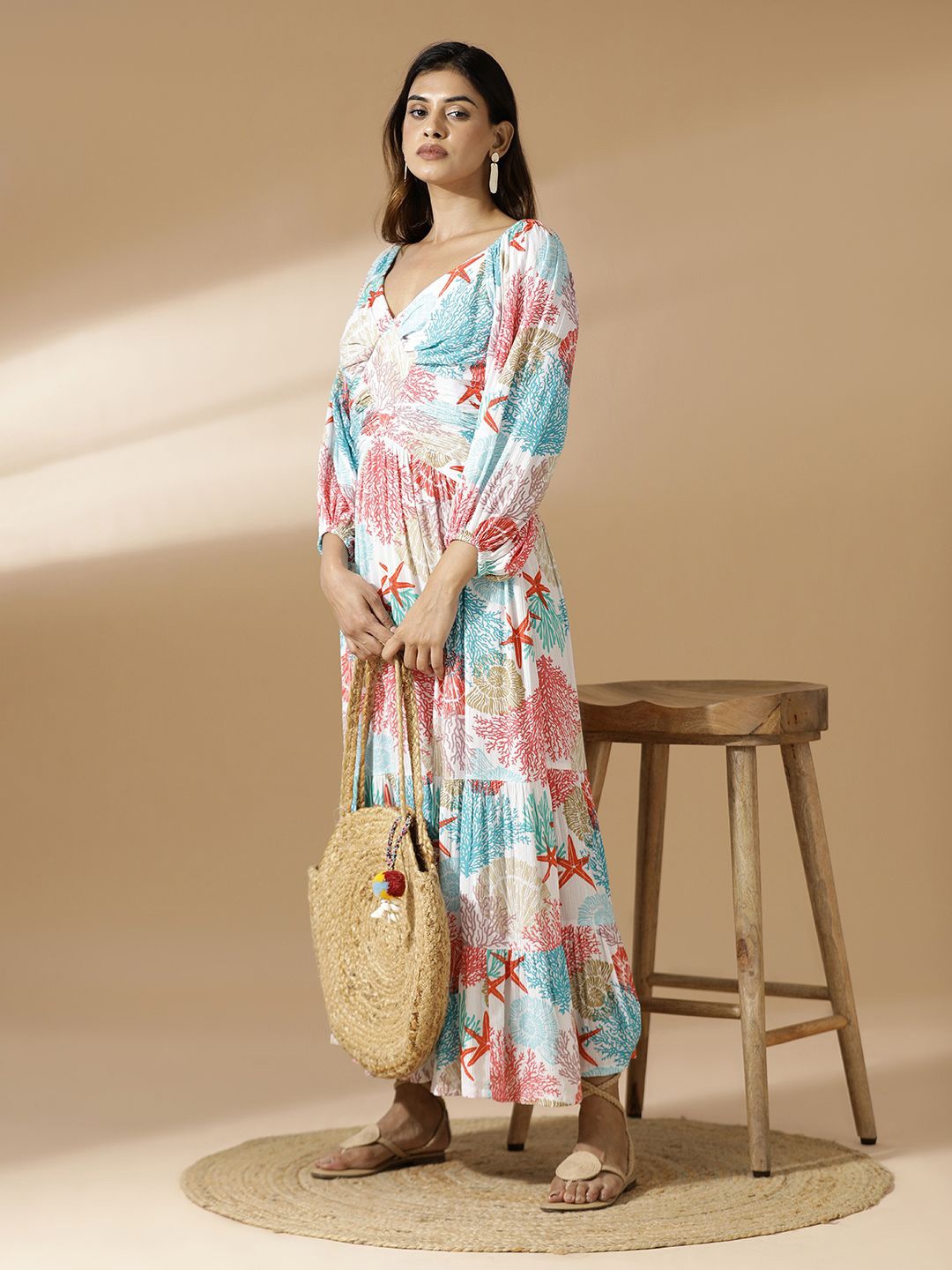 

Mugo Printed Puff Sleeve A-Line Maxi Dress, Blue