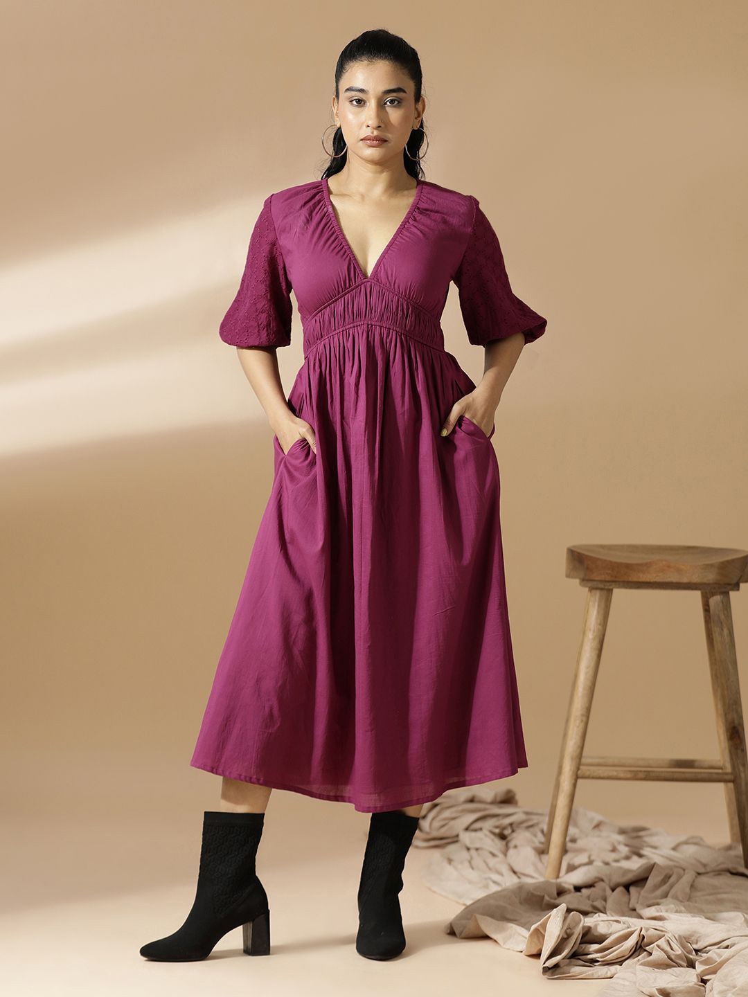

Mugo Solid Puff Sleeve A-Line Midi Dress, Magenta