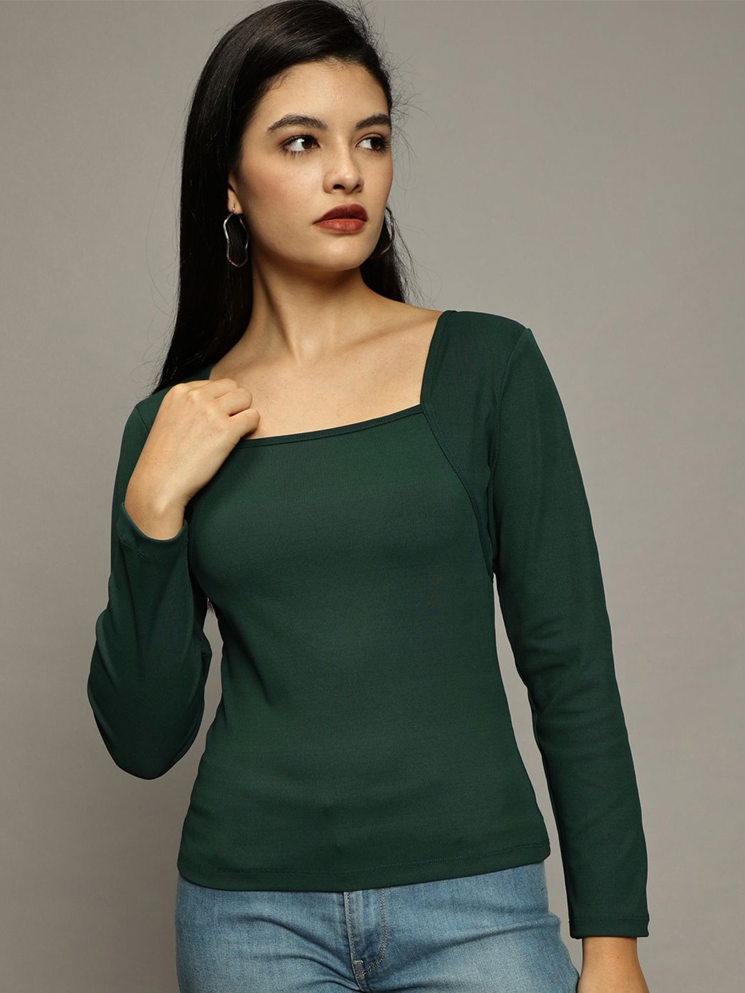 

The Roadster Lifestyle Co Women Square Neck Long Sleeve Top, Green