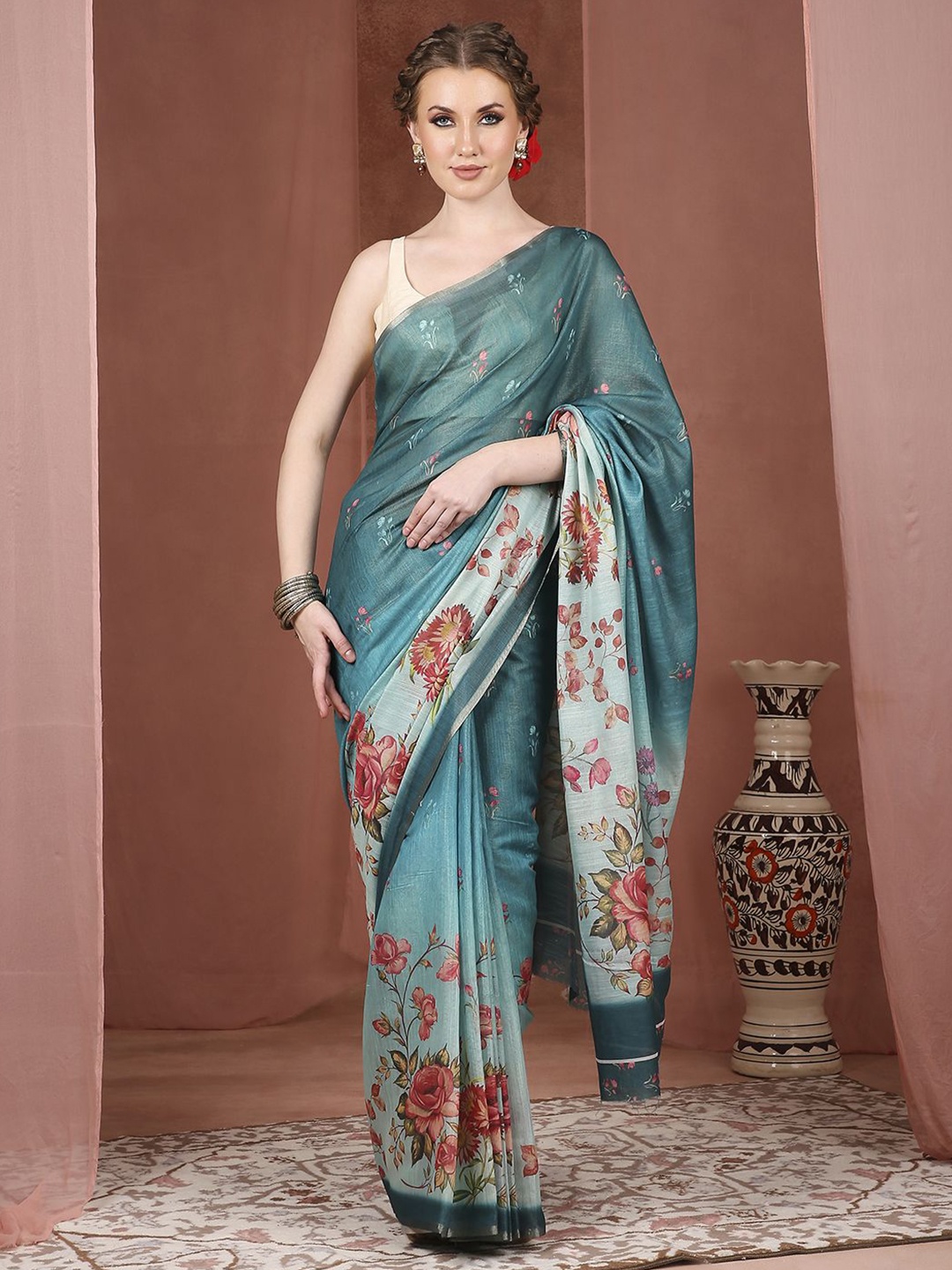 

JUST FASHION Floral Zari Silk Cotton Banarasi Saree, Teal