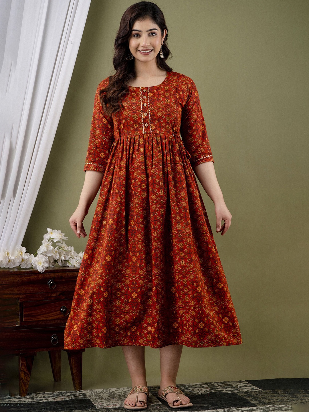 

FEMARY Women Floral Printed Maternity Fit - Flare Dress, Orange