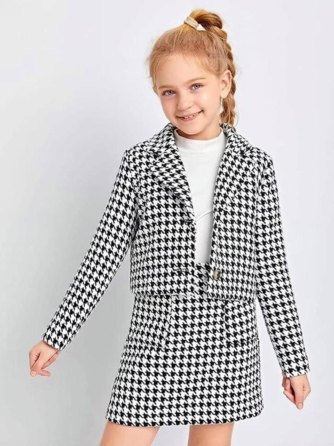 

Catty Girls Checked Lapel Collar Jacket With Skirt, White