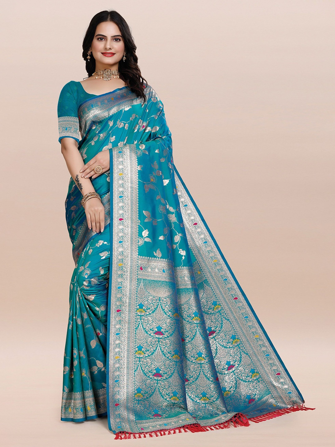 

TORONFRAS Floral Woven Design Zari Silk Blend Banarasi Saree, Turquoise blue