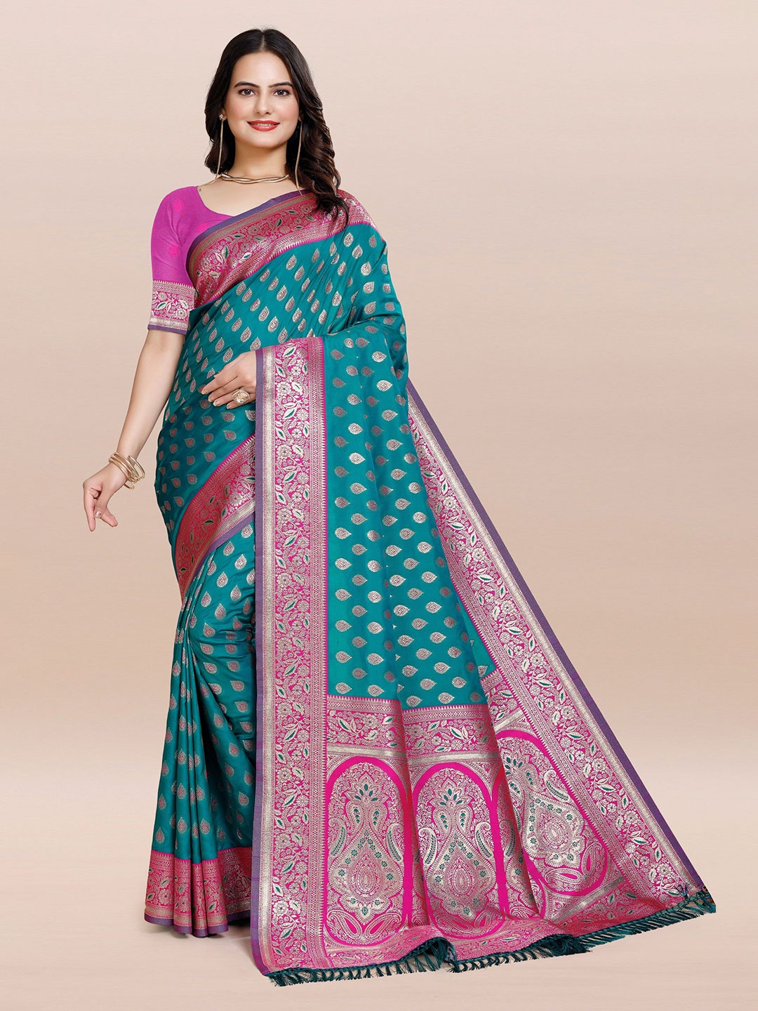 

TORONFRAS Woven Design Zari Silk Blend Banarasi Saree, Turquoise blue