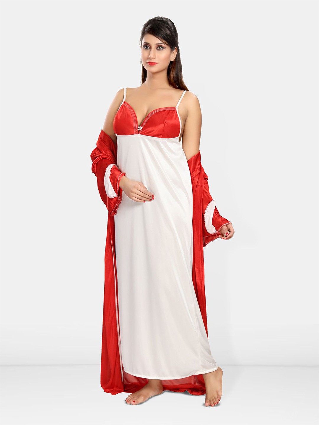 

Be You Women Shoulder Straps Maxi Nightdress with Robe, Red