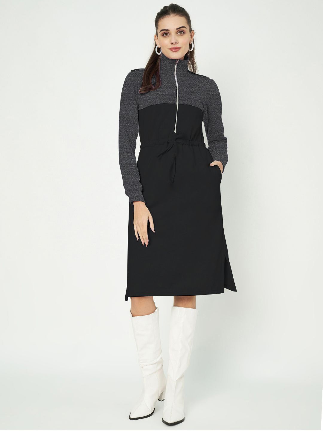 

BRINNS Women Colour blocked A-Line Midi Dress, Black