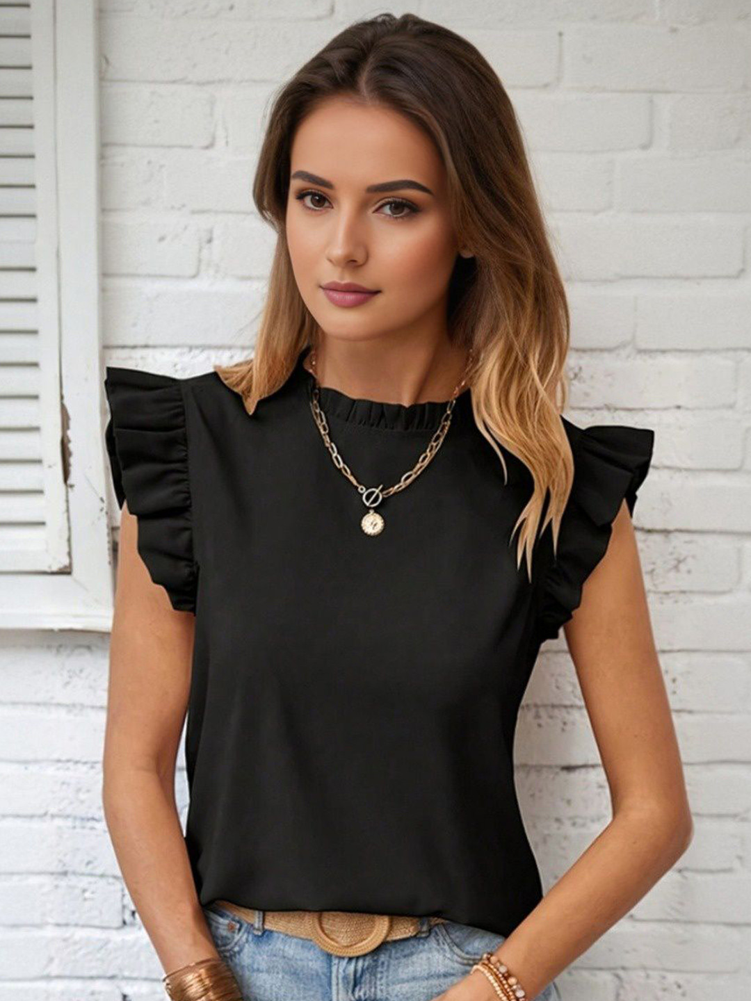 

StyleCast Women Flutter Sleeve Top, Black