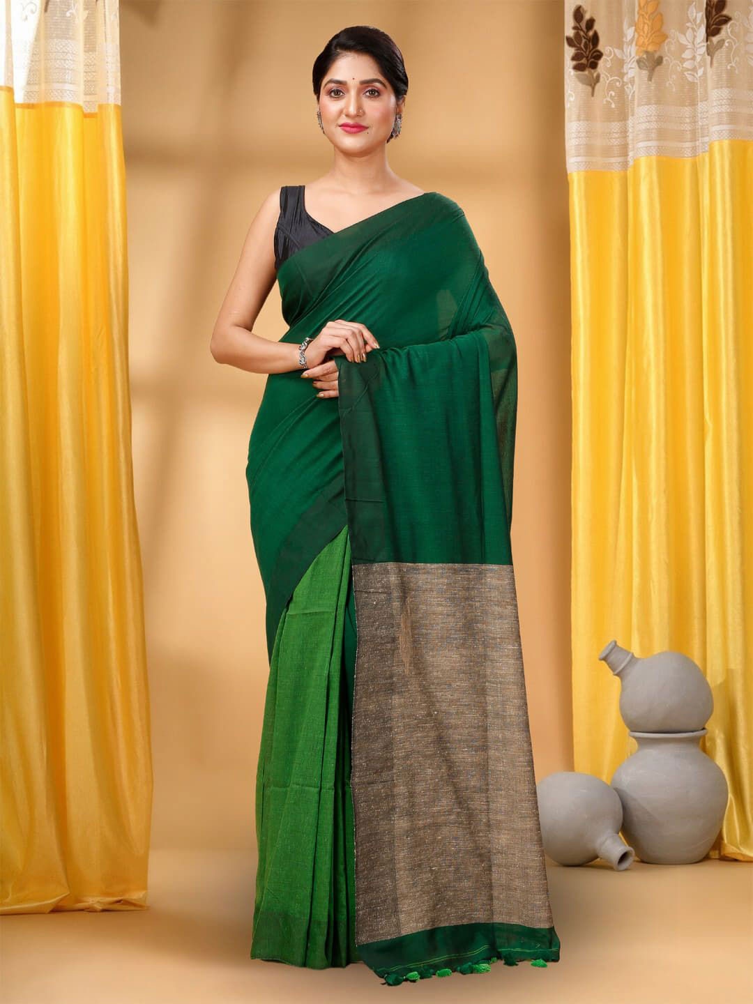 

T.J. SAREES Pure Cotton Half and Half Khadi Saree, Green