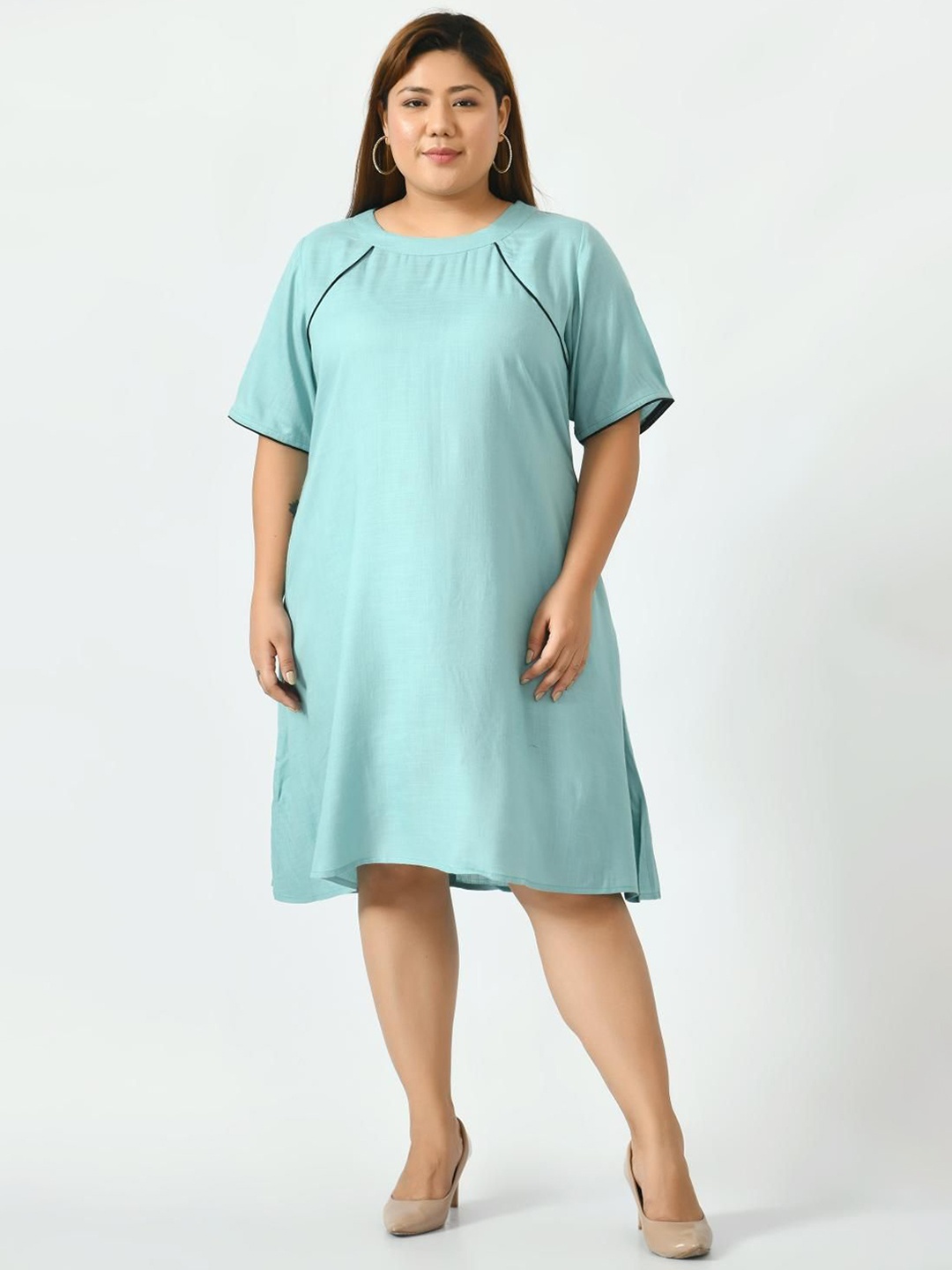 

VAAMII Plus Size Pure Cotton Extended Sleeves A-Line Dress, Turquoise blue