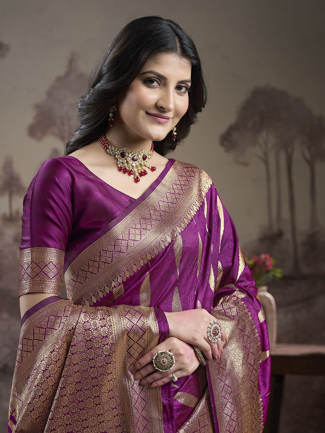 

Ethnielle Woven Design Zari Pure Silk Saree, Magenta