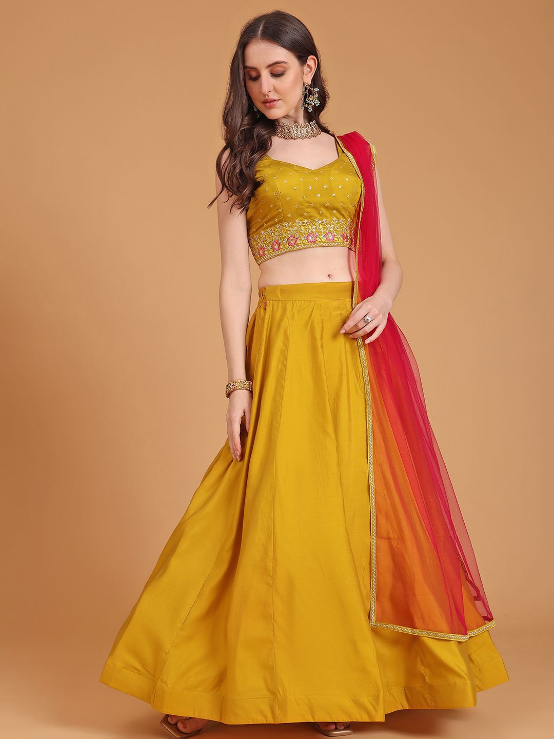 

Kinjo Embroidered Sequinned Ready to Wear Lehenga & Blouse With Dupatta, Yellow