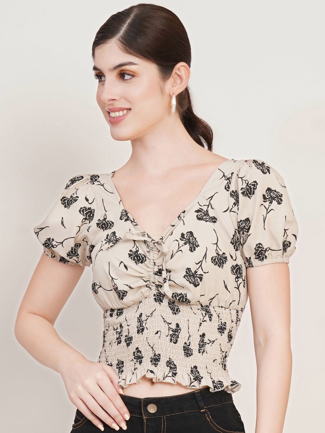 

Moda Rapido Floral Print Puff Sleeve Crepe Crop Top, Beige