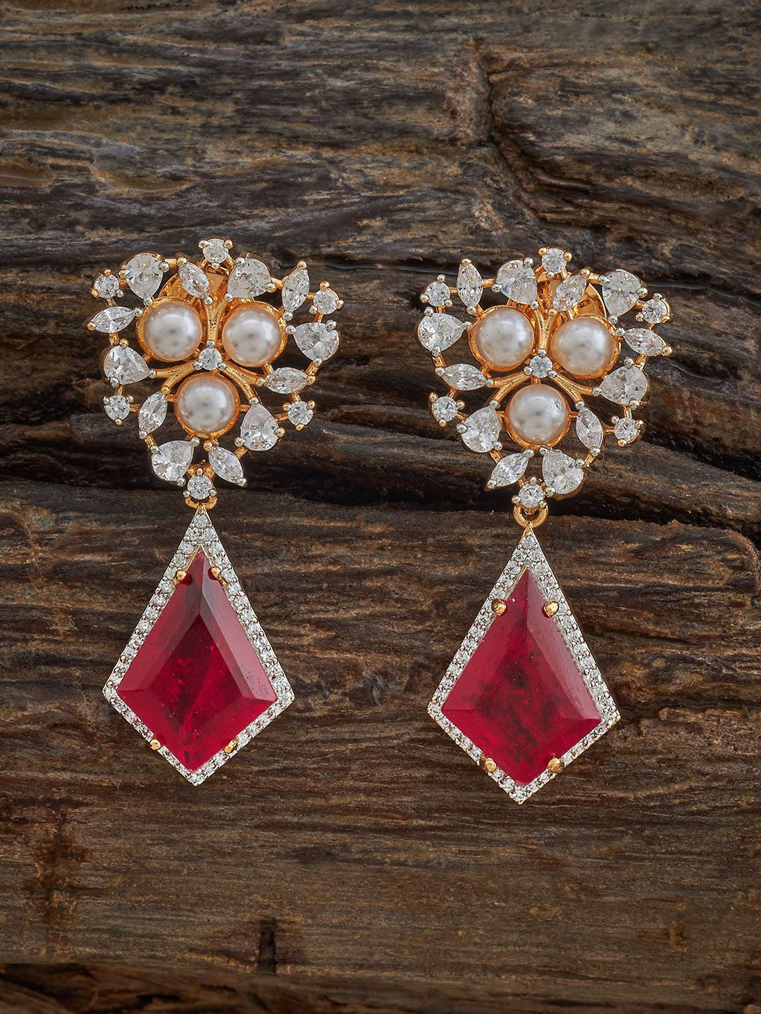 

Kushal's Fashion Jewellery Gold Plated Ruby & Zircon Studded Geometric Drop Earrings