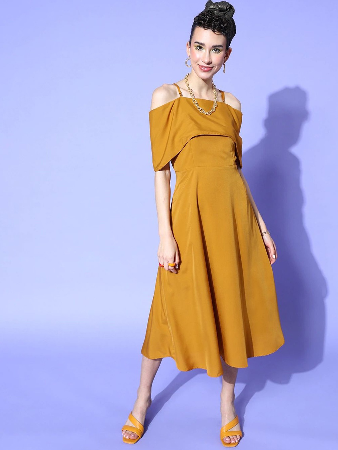 

Moda Rapido Women Off-Shoulder A-Line Midi Dress, Mustard