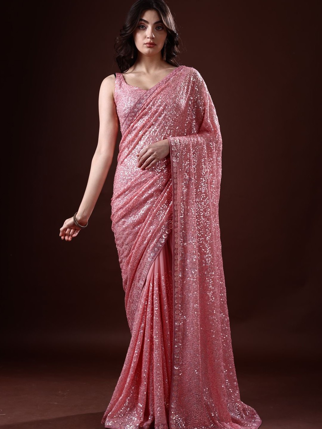 

Suha Women Sequinned Pure Georgette Saree, Pink