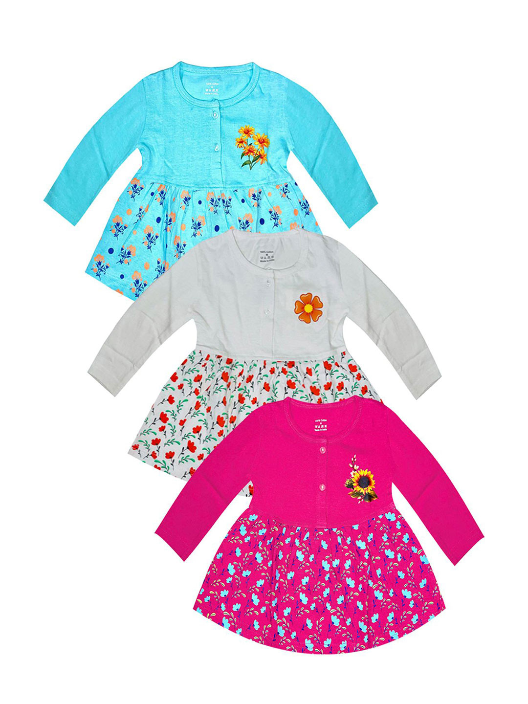 

KidzzCart Girls Pack of 3 Floral Print Fit & Flare Dress, Blue