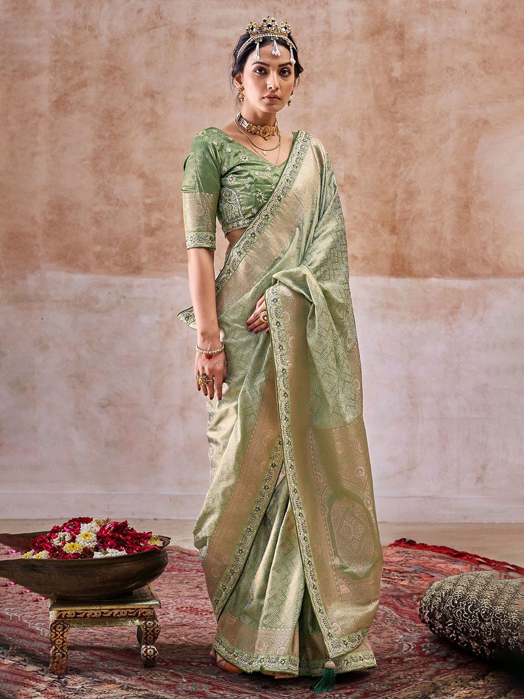 

MySilkLove Bandhani Embroidered Satin Designer Saree, Green