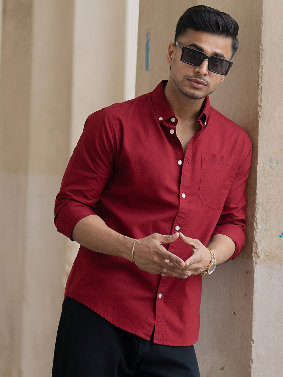 

Powerlook Men Button-Down Collar Solid Cotton Casual Shirt, Red
