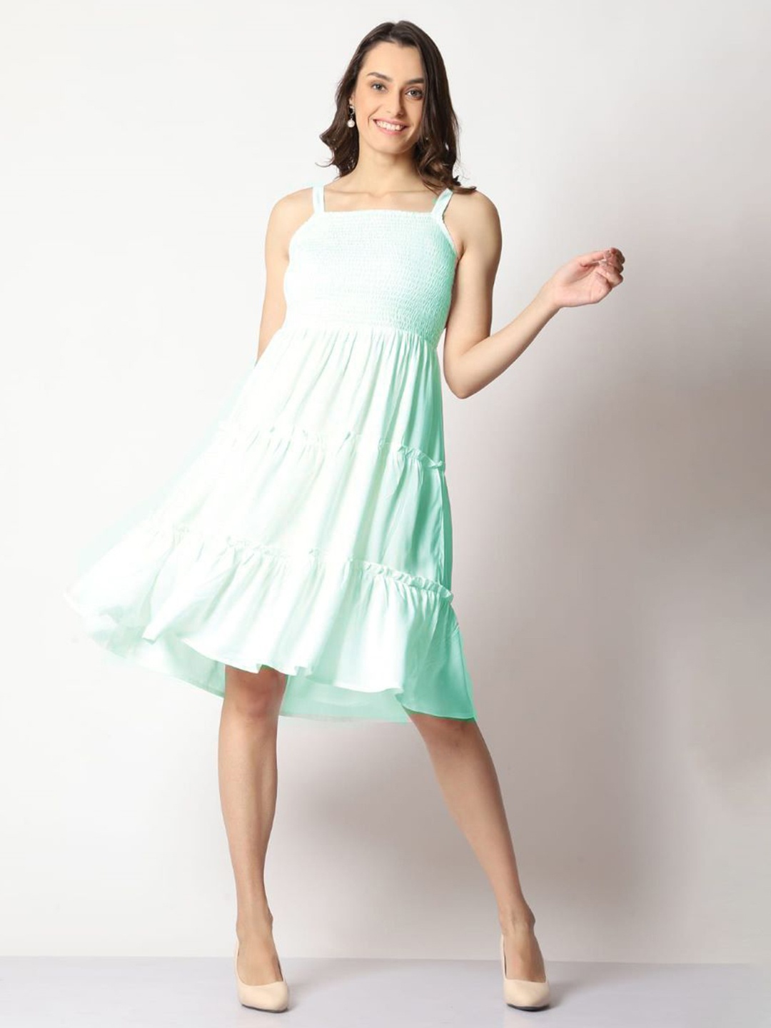 

NG FASHION Fit & Flare Smocked Midi Dress, Green