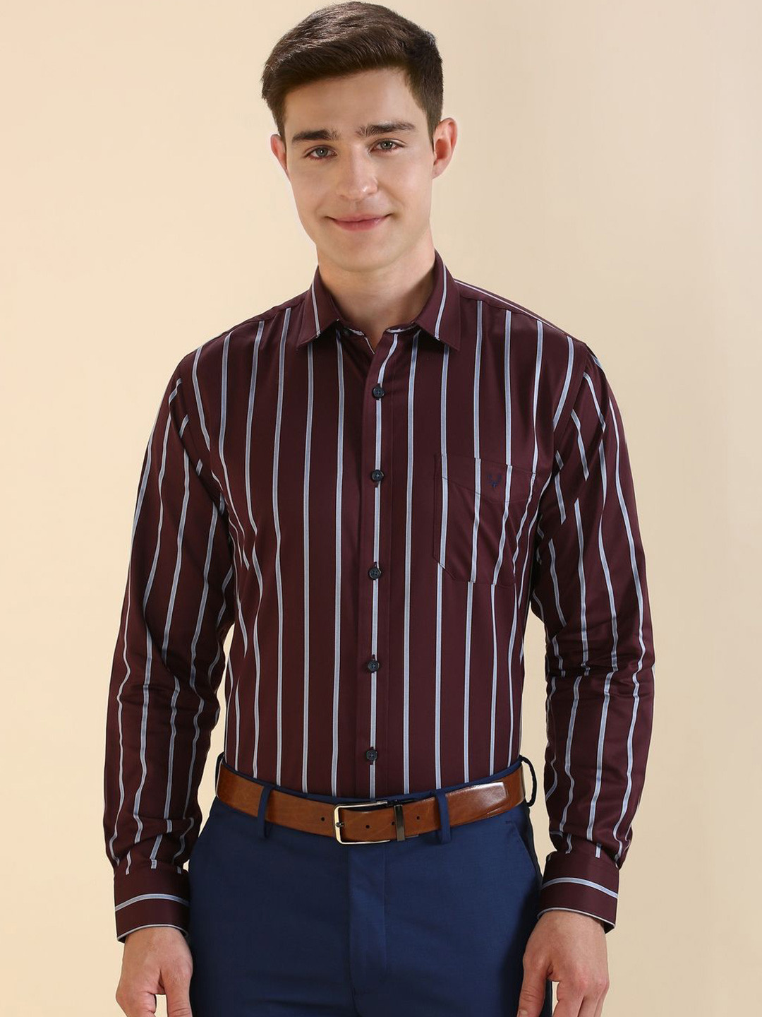 

Allen Solly Men Slim Fit Spread Collar Vertical Striped Cotton Formal Shirt, Maroon