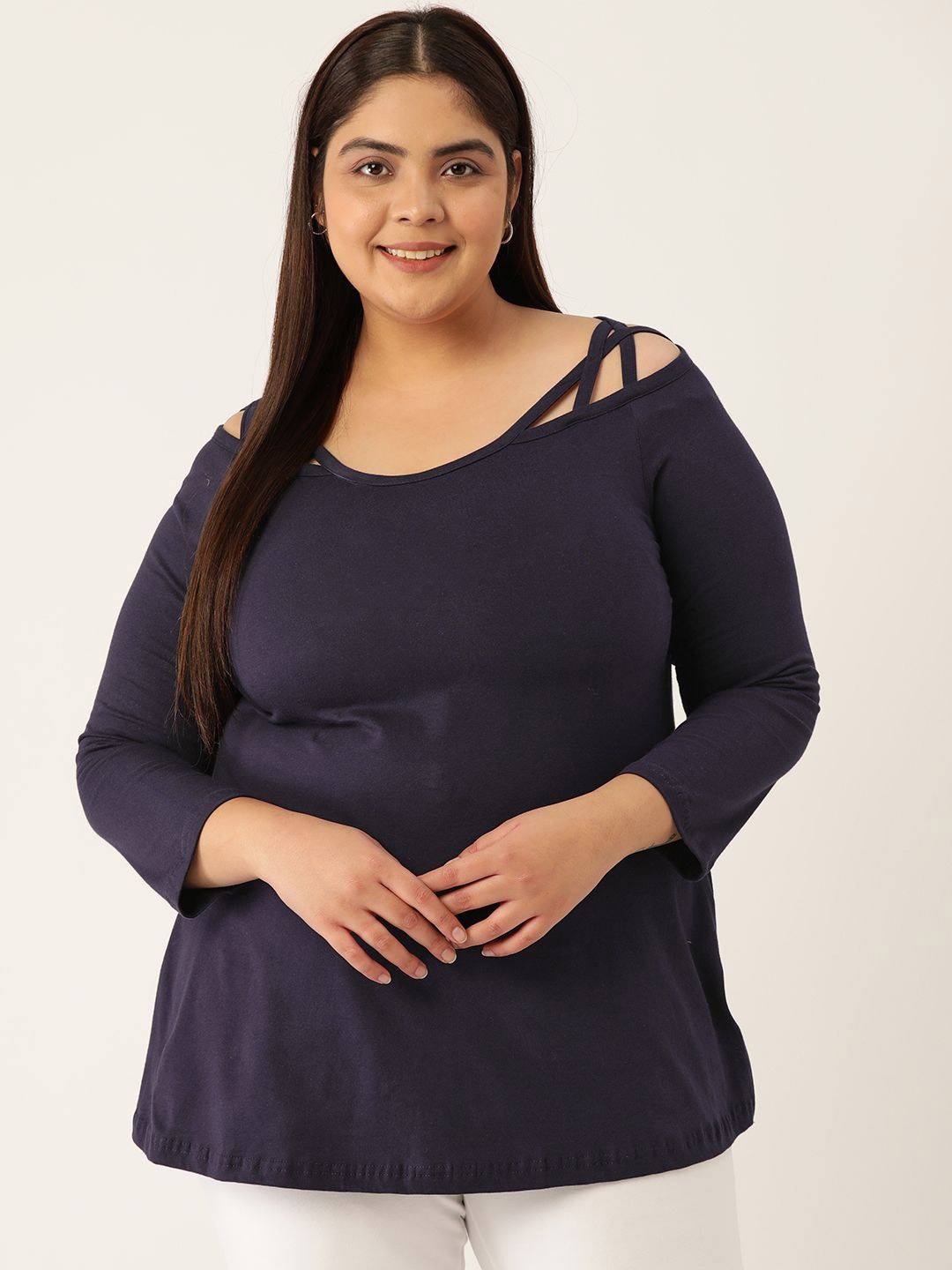 

theRebelinme Plus Size Cut Out Cotton Knitted Top, Navy blue