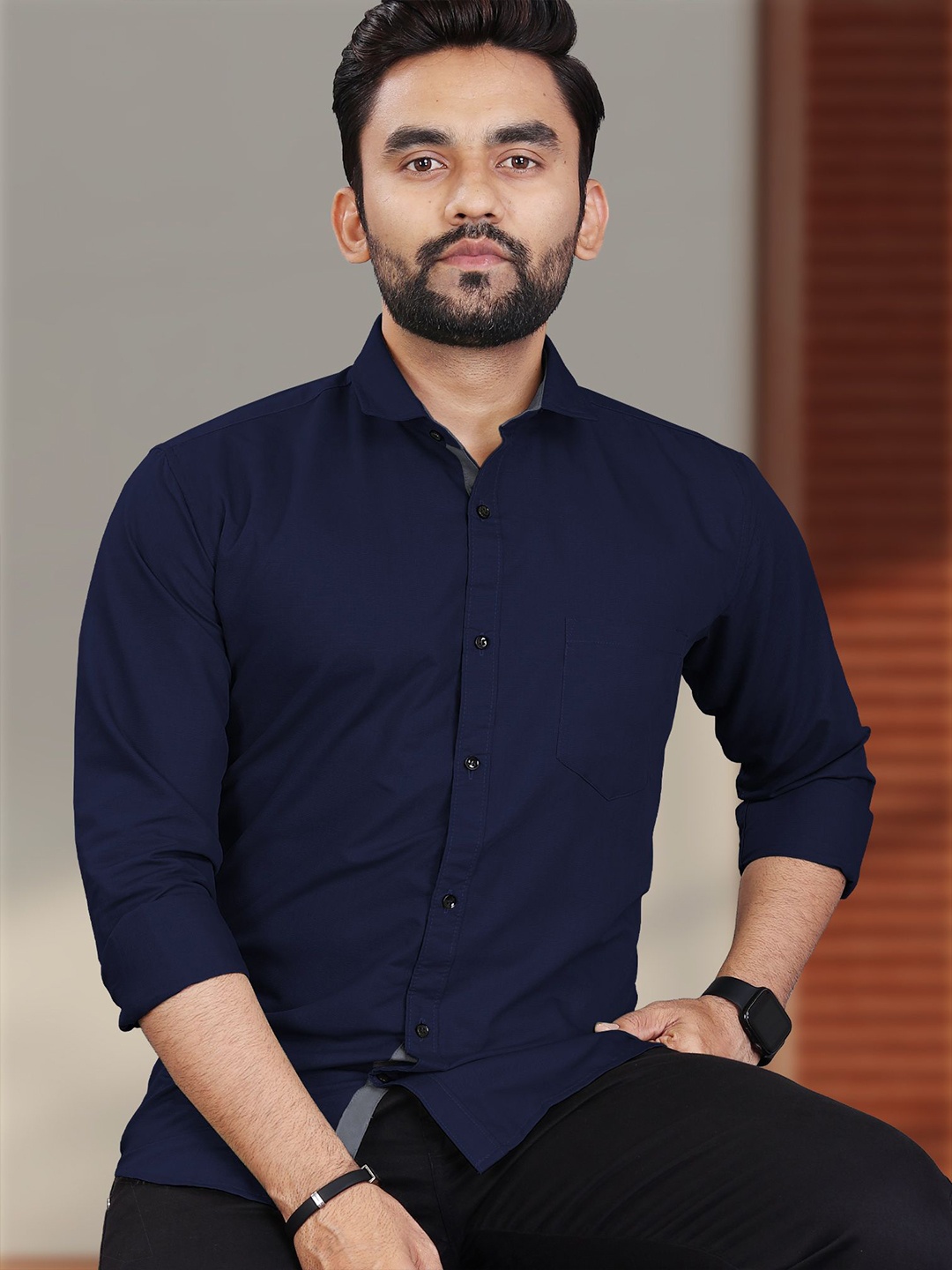

VeBNoR Men Standard Fit Solid Spread Collar Casual Shirt, Navy blue