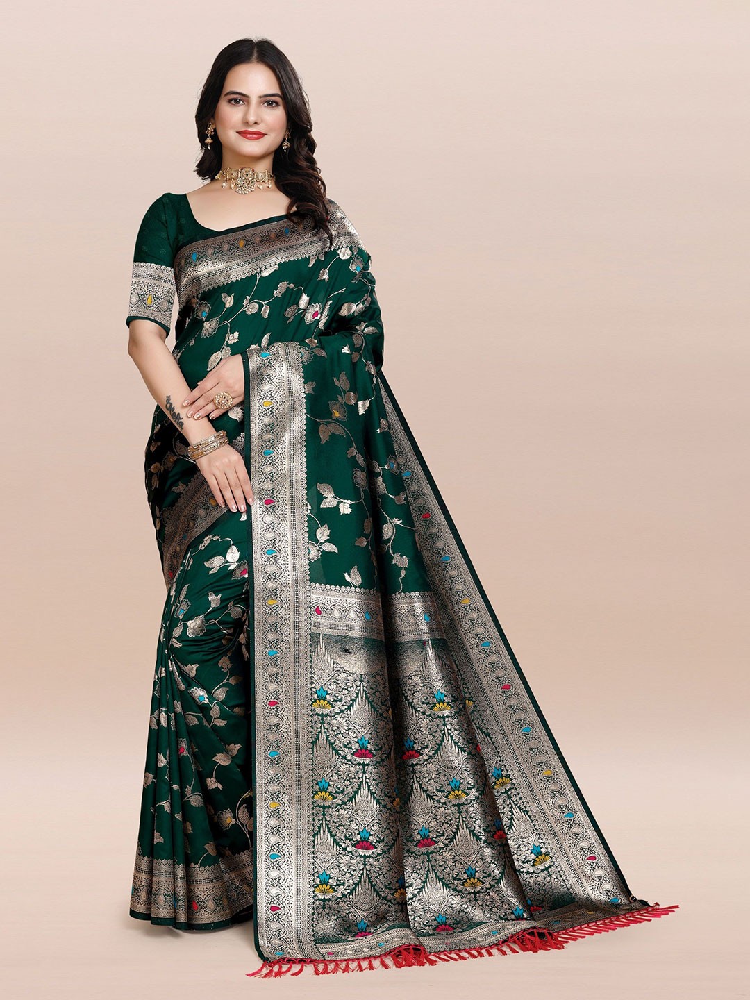

TORONFRAS Woven Design Floral Zari Banarasi Saree, Green