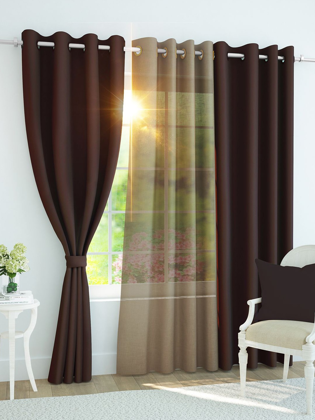 

Story@home Set of 3 Combo Long Door Curtains of Blackout & Sheer 9 Feet, Coffee & Brown