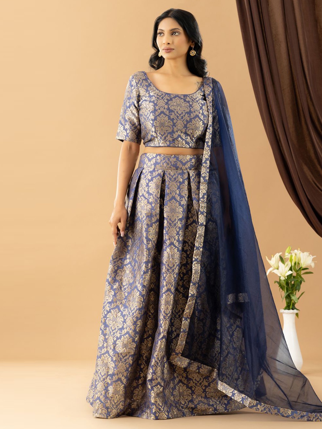 

HANDIKART Foil Print Ready to Wear Lehenga & Blouse With Dupatta, Blue