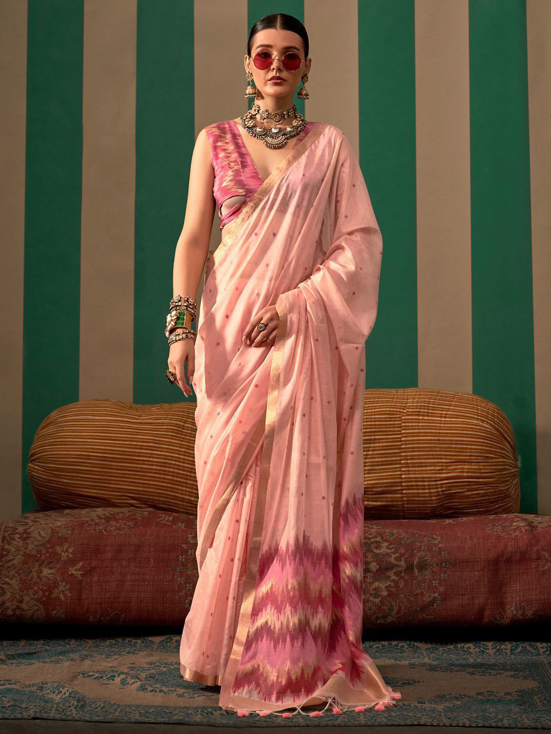 

bansari textiles Woven Design Printed Banarasi Saree, Peach