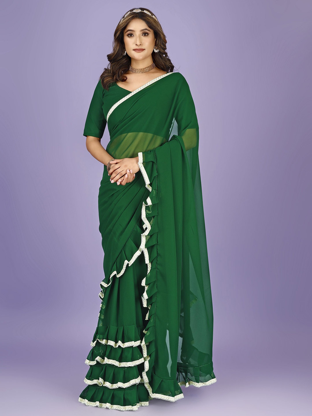 

F FASHION Gotta Patti Ruffles Saree, Green