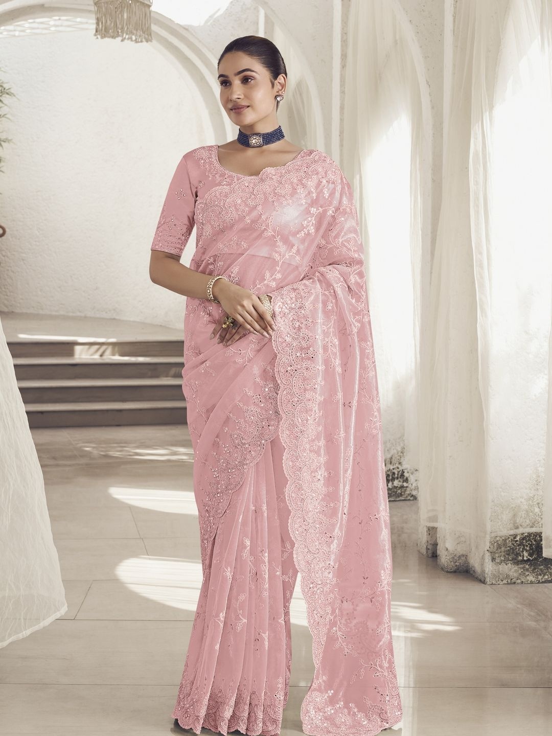 

Suha Embellished Sequinned Saree, Pink