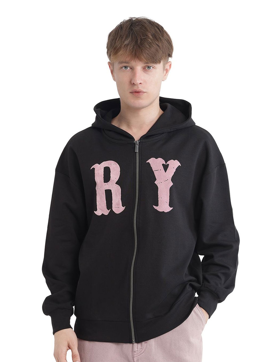 

RARE RABBIT Men Printed Cotton Hooded Sweatshirt, Black