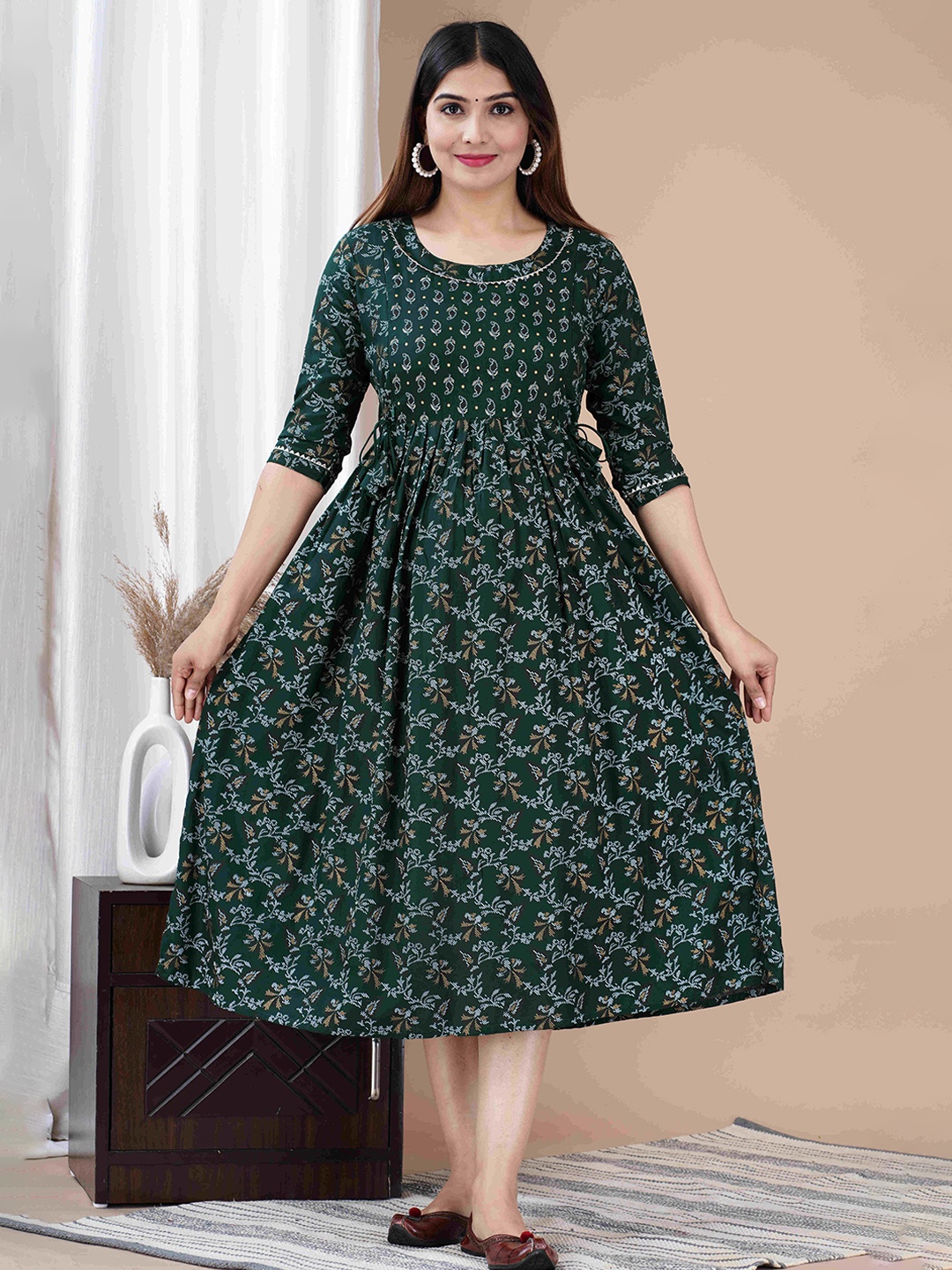

FEMARY Women Floral Printed Maternity Cotton Fit & Flare Midi Dress, Green