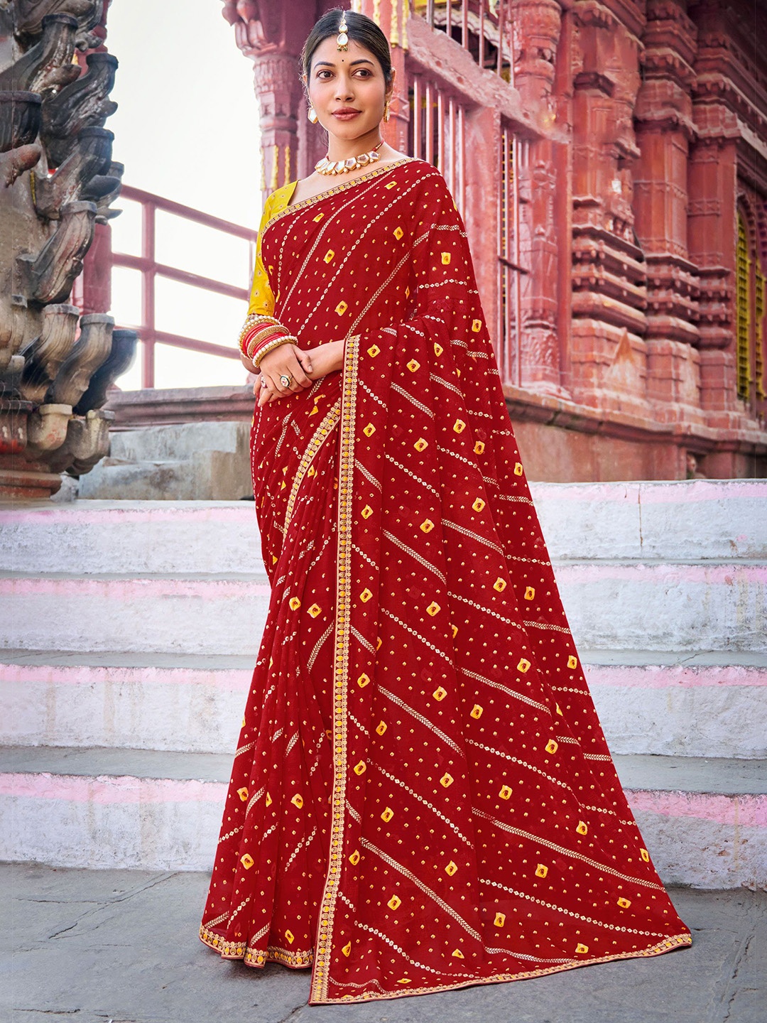 

Laxmipati Bandhani Poly Chiffon Designer Saree, Red