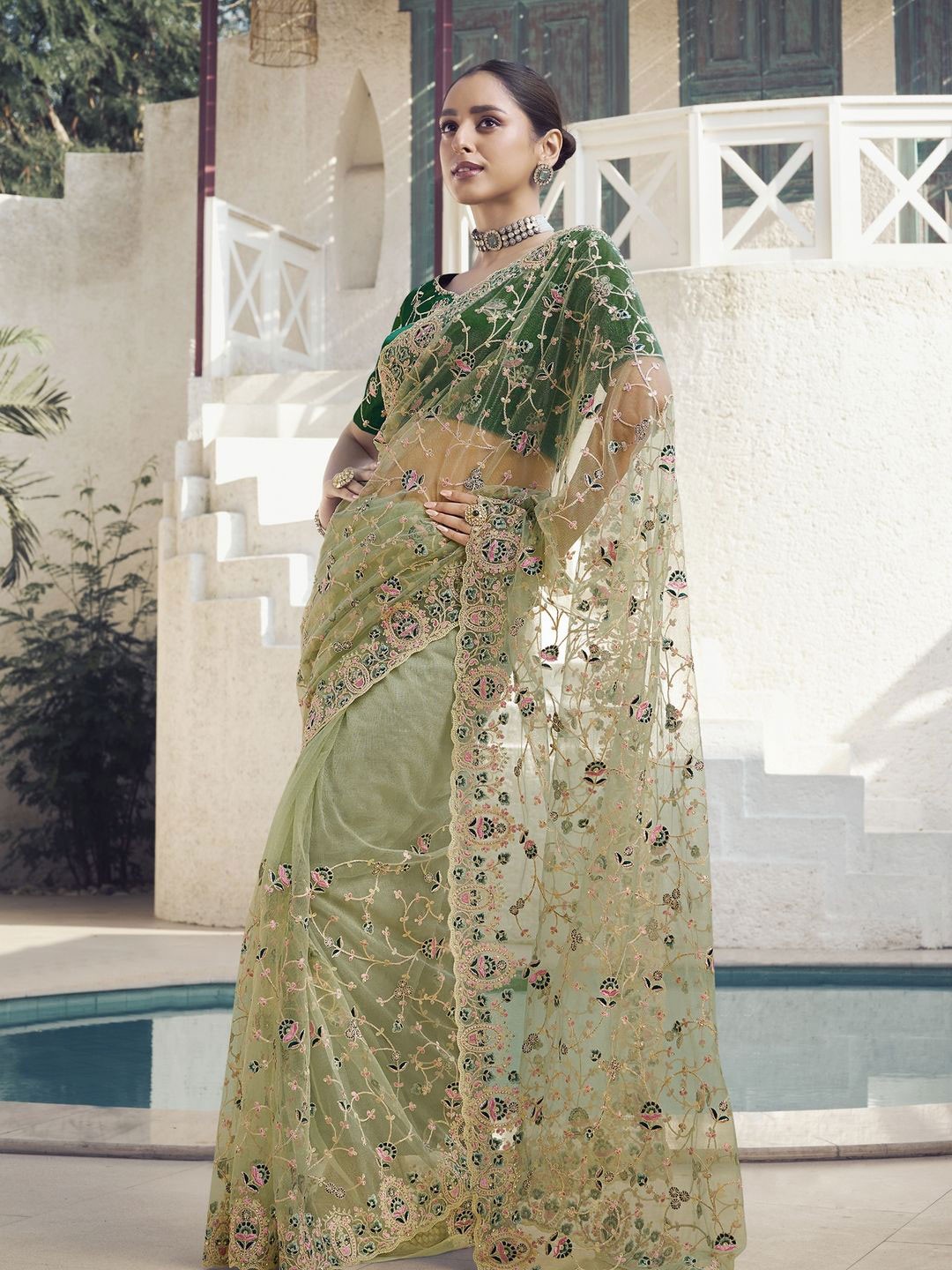 

Suha Embellished Embroidered Saree, Green