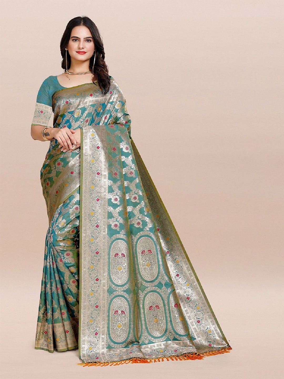 

TORONFRAS Floral Zari Designer Banarasi Saree, Blue