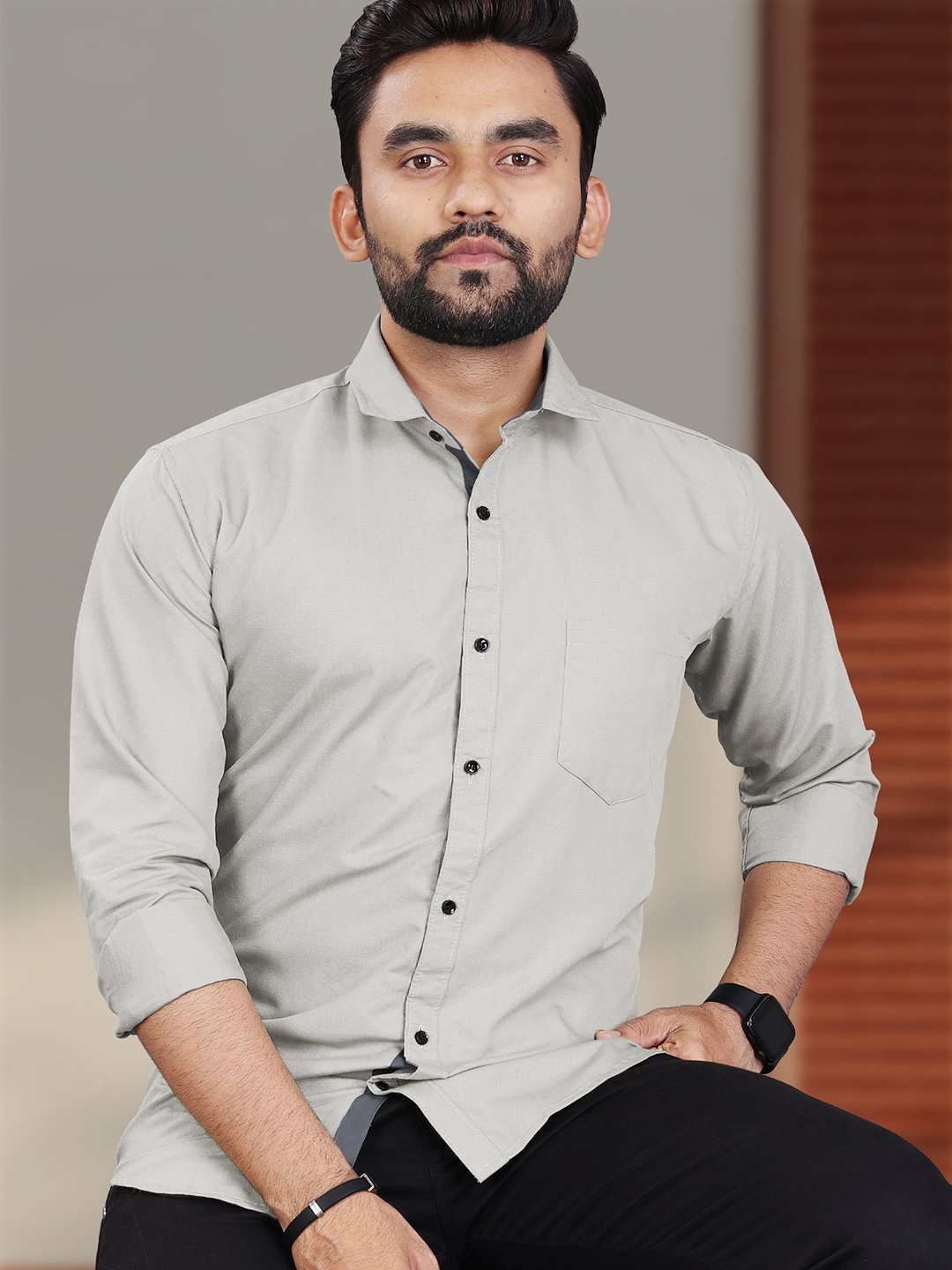 

VeBNoR Men Standard Fit Solid Spread Collar Shirt, Grey