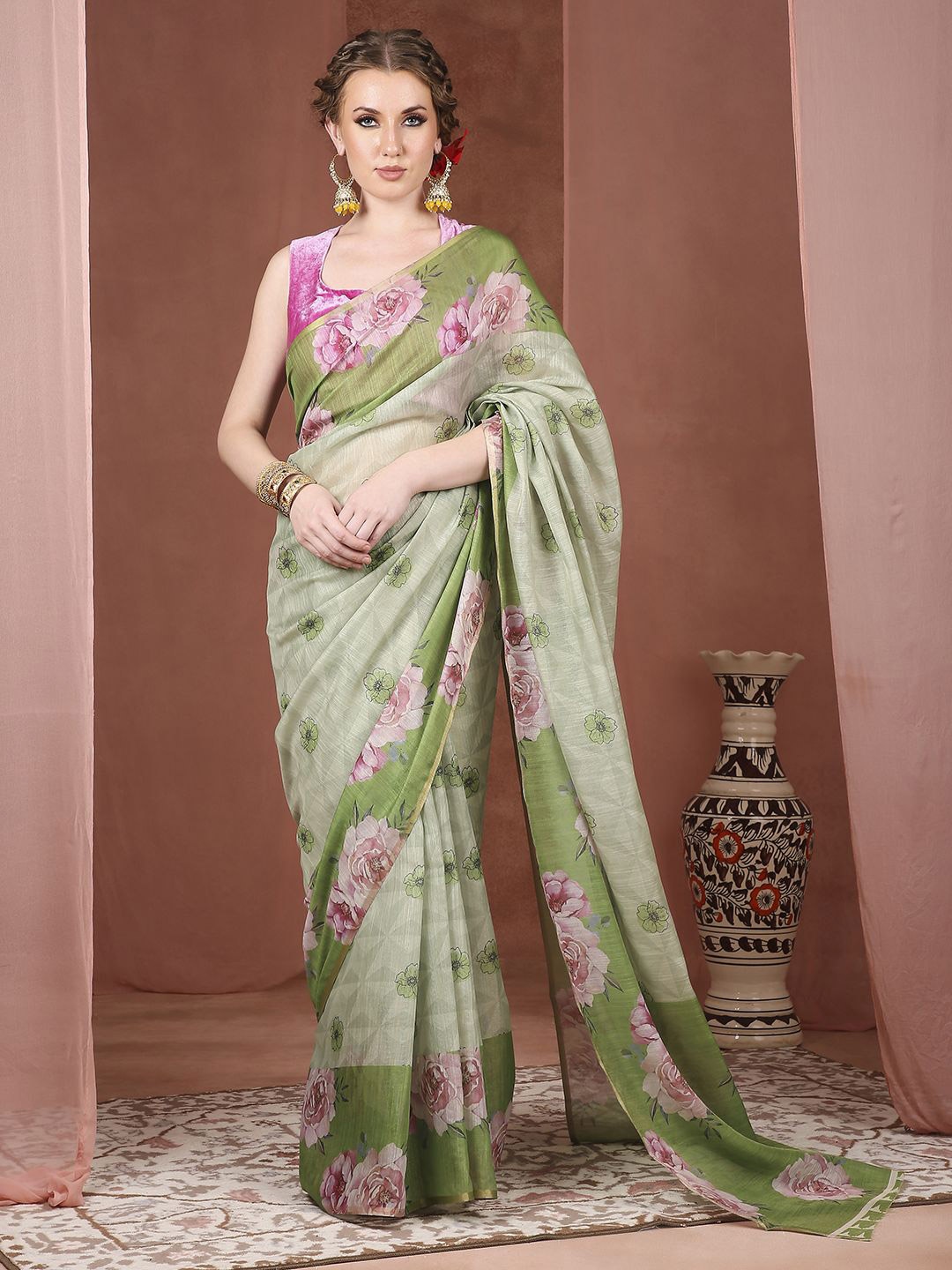 

JUST FASHION Floral Printed Banarasi Saree, Green