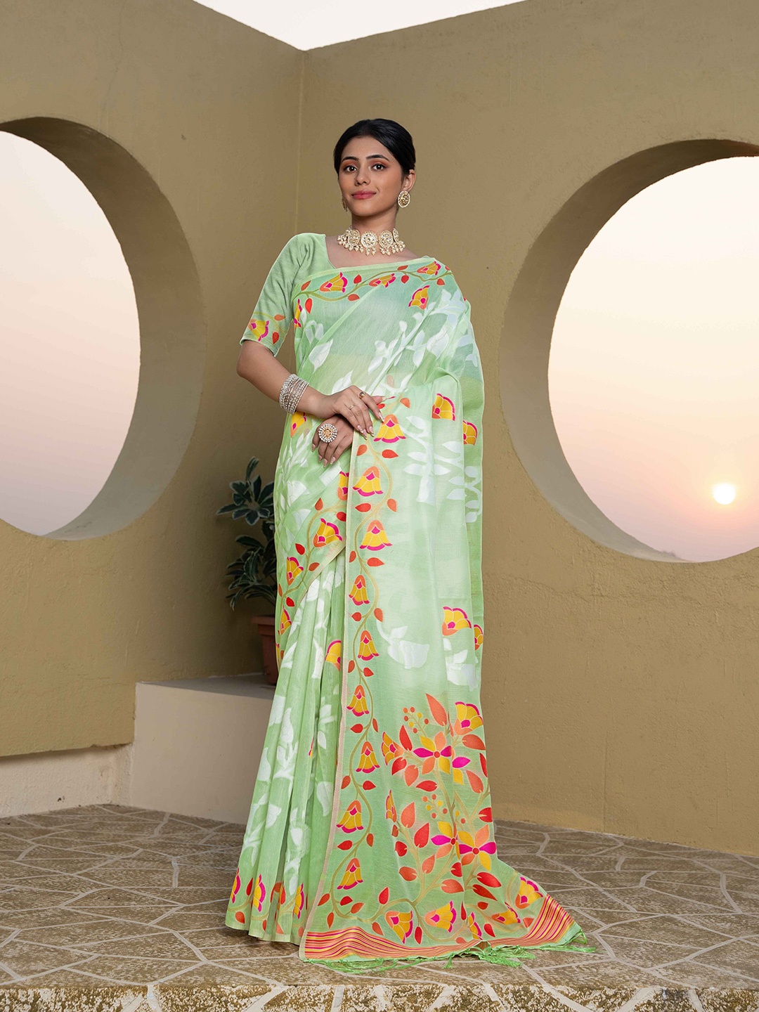 

MAHALASA Ethnic Motifs Pure Cotton Handloom Jamdani Saree, Green