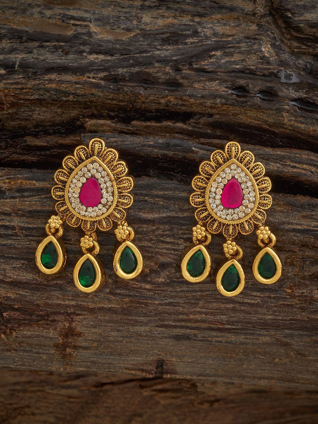 

Kushal's Fashion Jewellery Gold Plated Ruby Studded Teardrop Shaped Studs Earrings