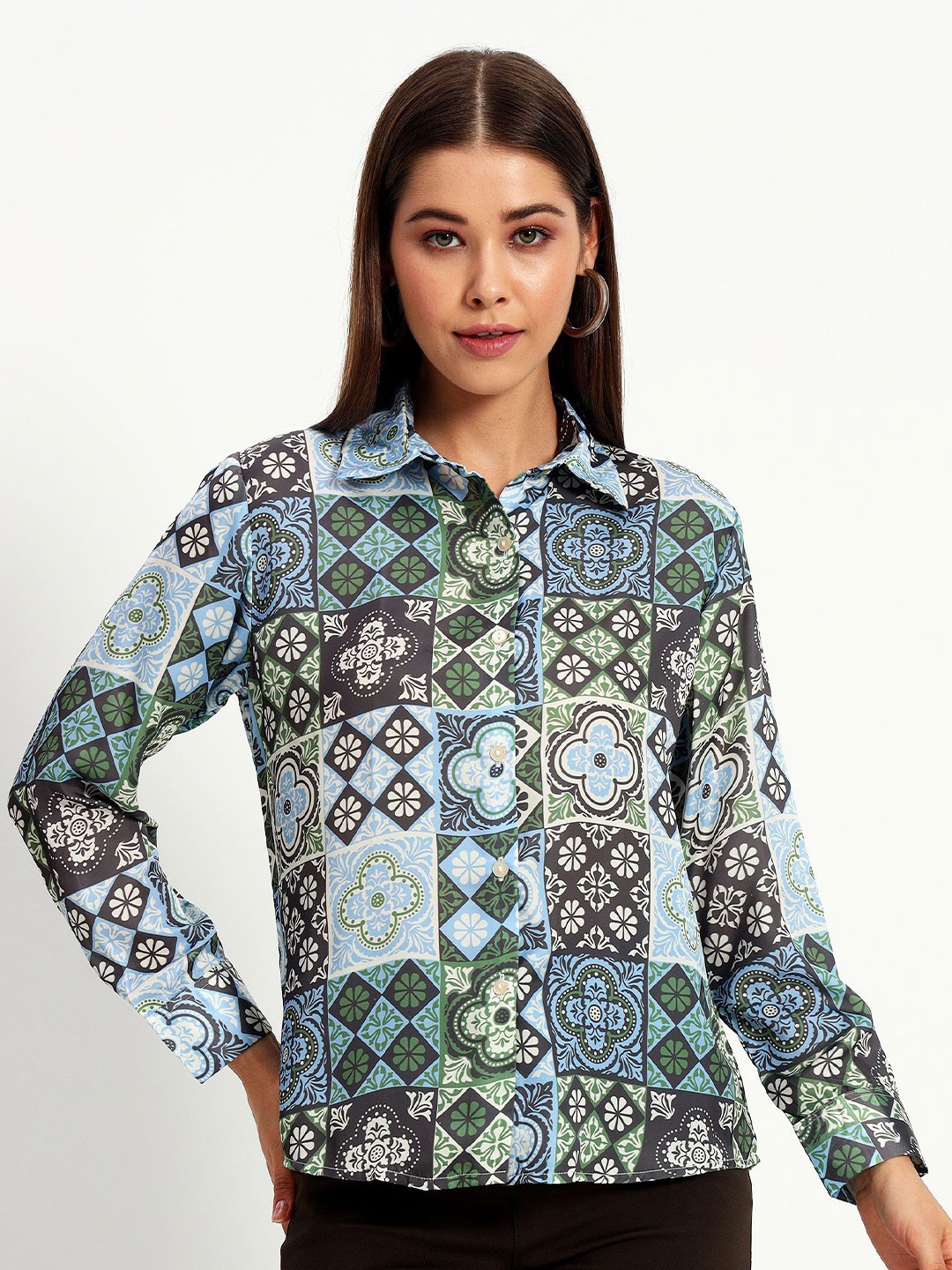 

Peikh Women Classic Floral Opaque Printed Casual Shirt, Blue