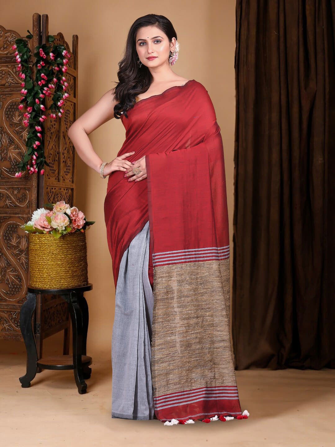 

T.J. SAREES Pure Cotton Half and Half Khadi Saree, Red