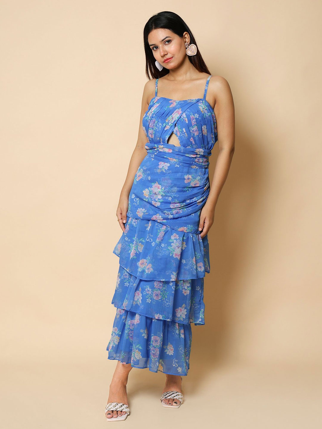 

KELLPAR Floral Dyed Chiffon A-Line Maxi Dress, Blue