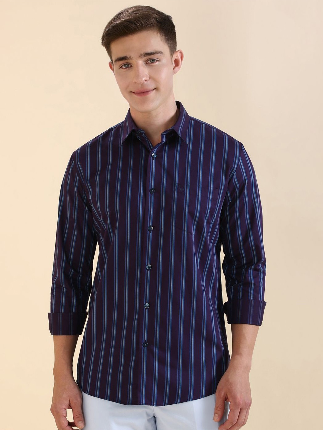 

Allen Solly Men Slim Fit Spread Collar Vertical Striped Cotton Casual Shirt, Purple
