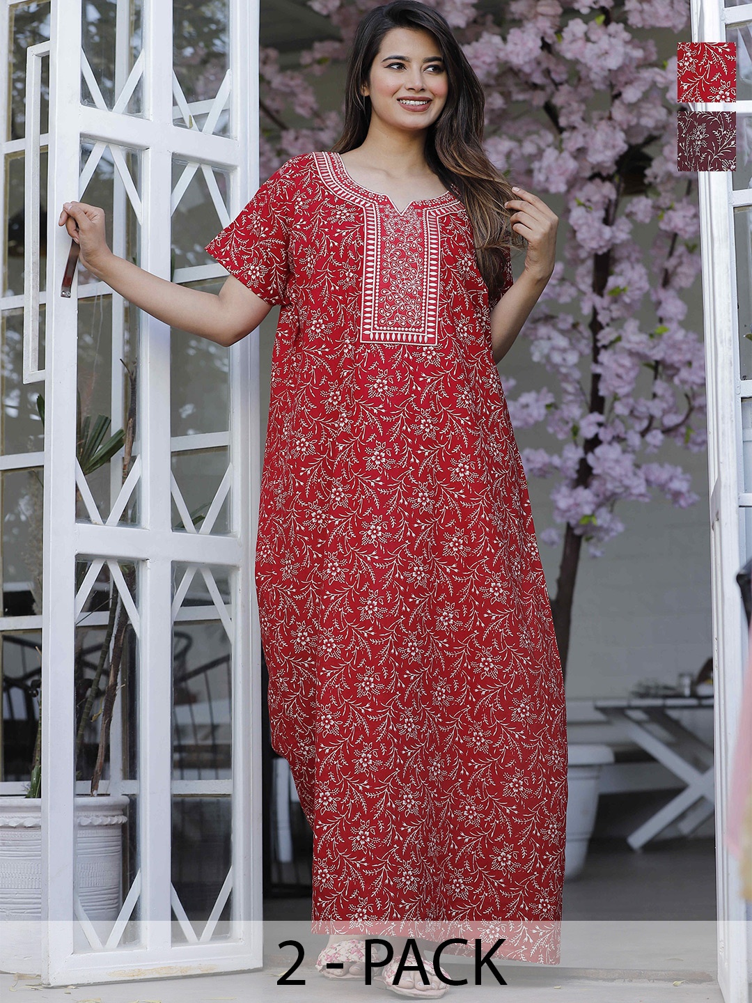 

G4Girl Women Pack of 2 Pure Cotton Printed Nightdress, Red