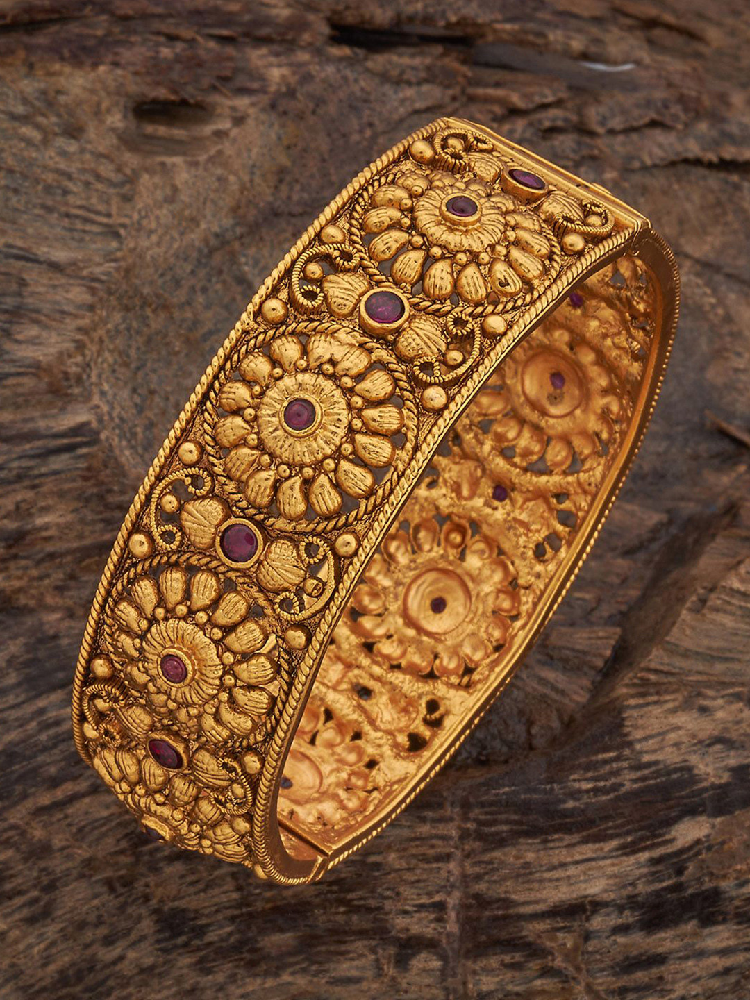 

Kushal's Fashion Jewellery Gold-Plated Ruby-Studded Ethnic Antique Bangle