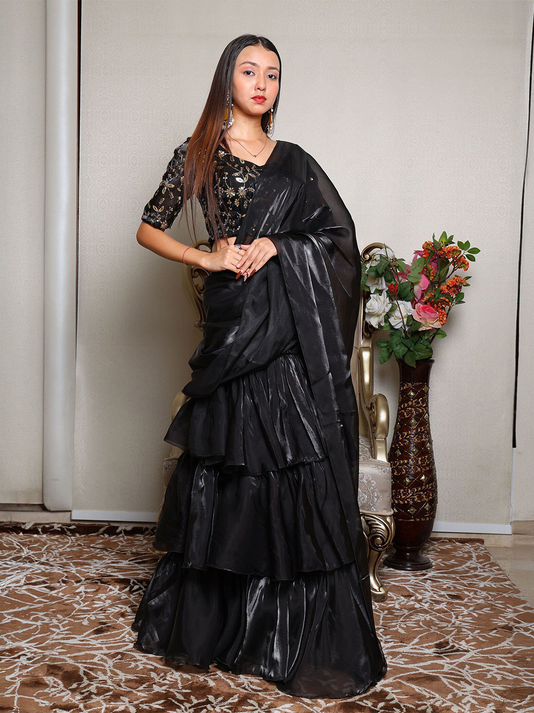 

KELLPAR Ready to Wear Ruffle Saree, Black