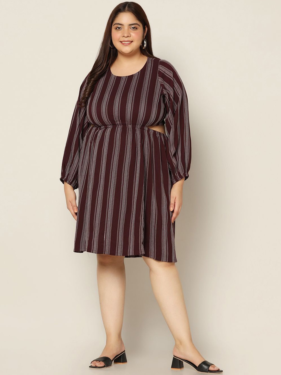 

BAESD Women Plus Size Printed Puff Sleeve Fit & Flare Dress, Maroon