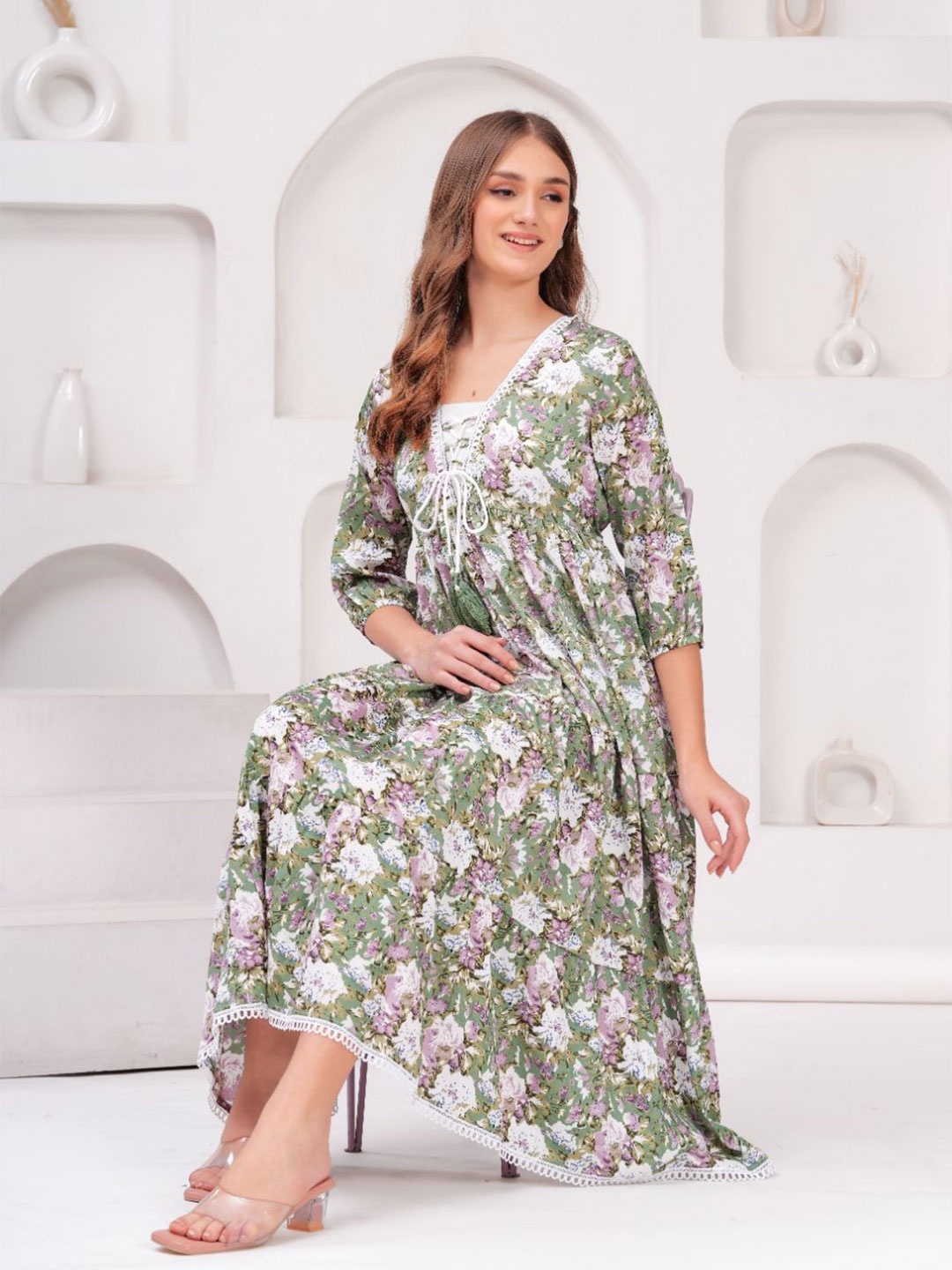 

KALINI Floral Printed Empire Midi Dress, Green